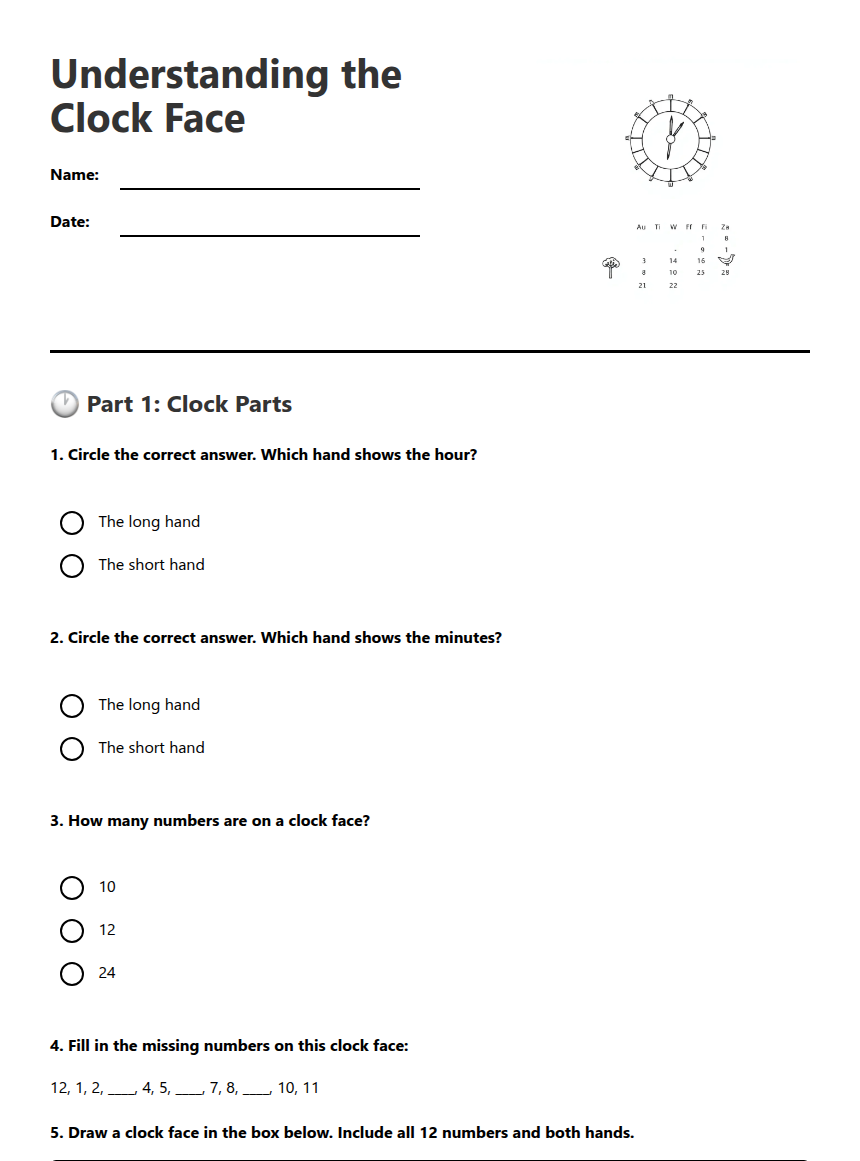 Understanding the Clock Face — Free Printable Worksheet for Maths ...