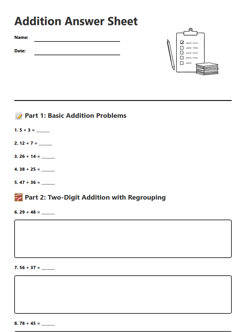 Addition Answer Sheet — Free Printable Worksheet for Mathematics | Kuraplan