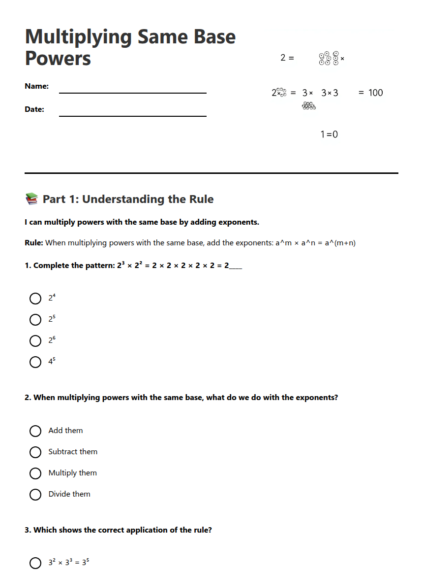 Multiplying Same Base Powers — Free Printable Worksheet for Mathematics | Kuraplan