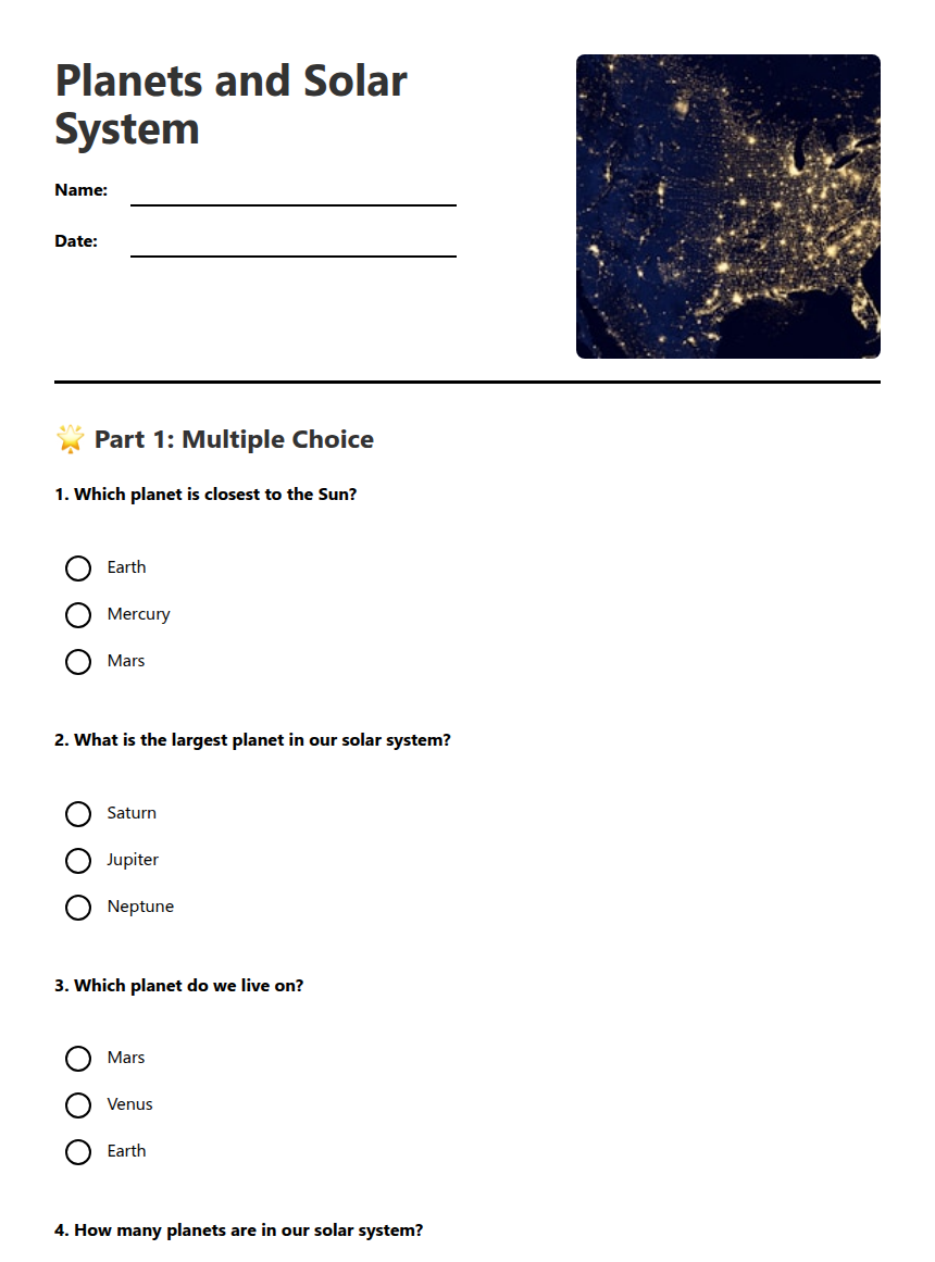 Planets and Solar System — Free Printable Worksheet for Science | Kuraplan