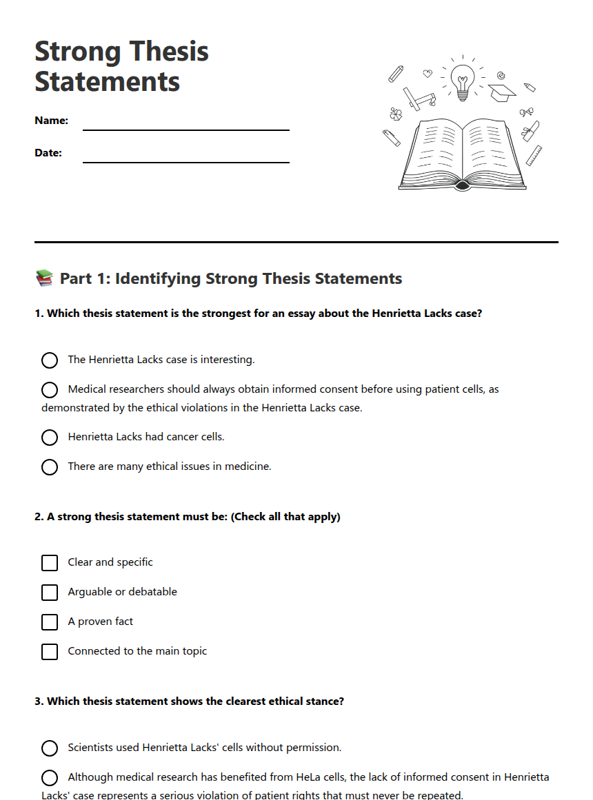 Strong Thesis Statements — Free Printable Worksheet for English (ELA ...