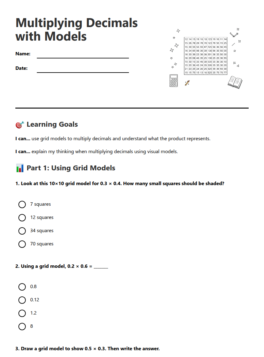 Multiplying Decimals with Models — Free Printable Worksheet for ...