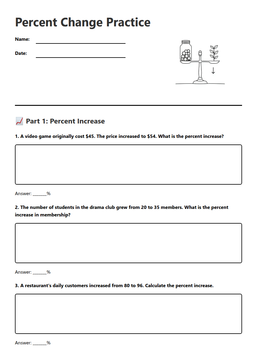 Percent Change Practice — Free Printable Worksheet for Mathematics ...