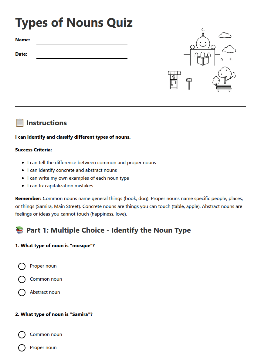 Types of Nouns Quiz — Free Printable Worksheet for English (ELA) | Kuraplan