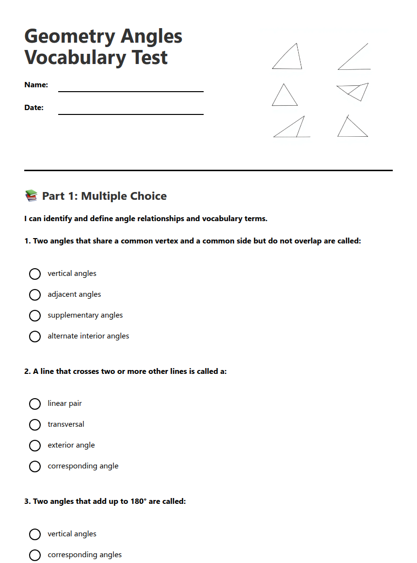 Geometry Angles Vocabulary Test — Free Printable Worksheet for ...