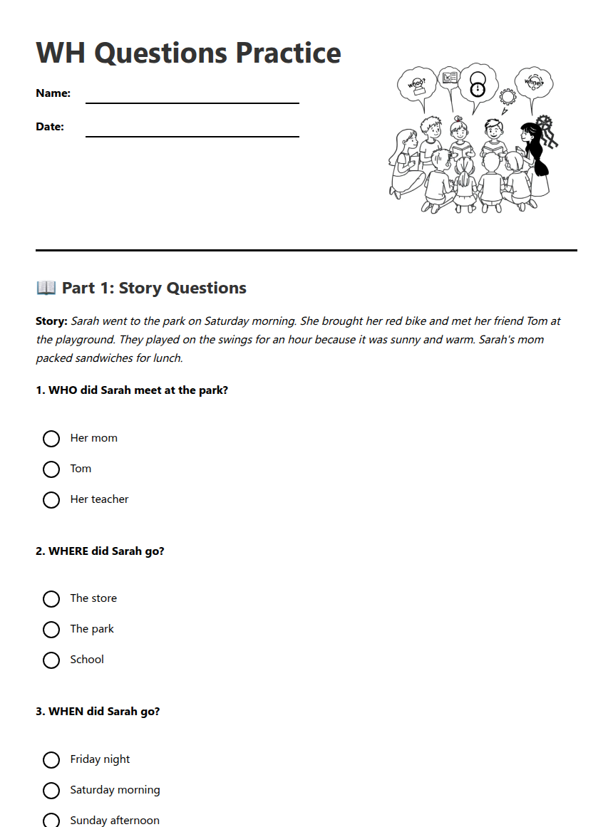 WH Questions Practice — Free Printable Worksheet for English (ELA ...