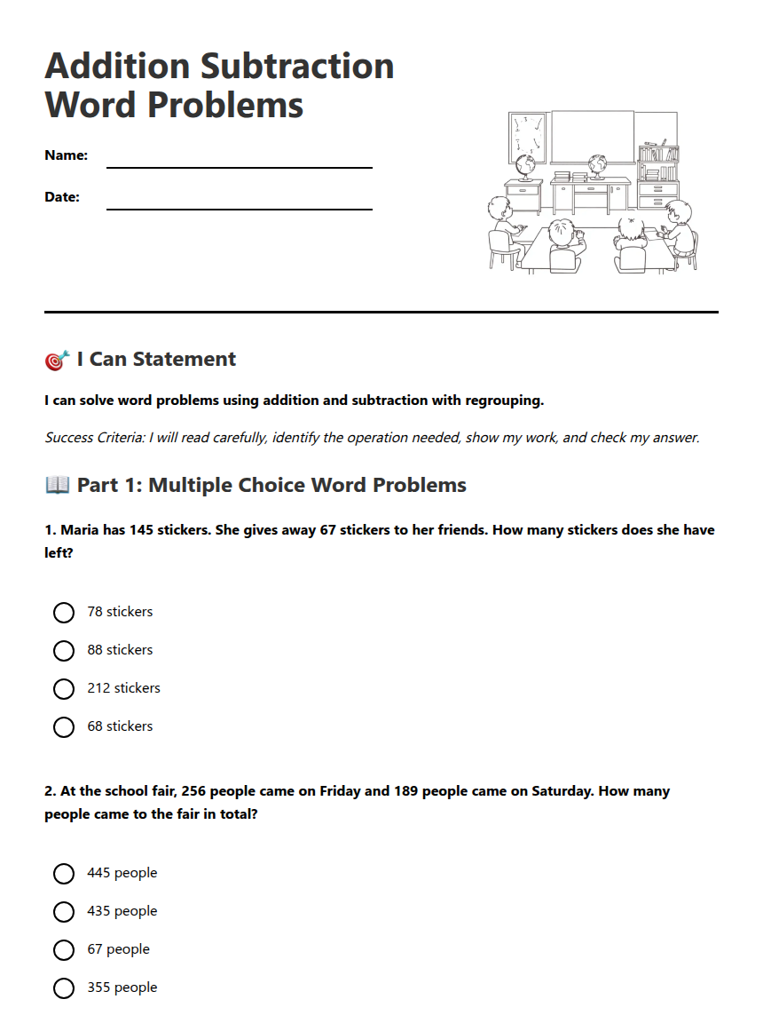 Addition Subtraction Word Problems — Free Printable Worksheet for ...
