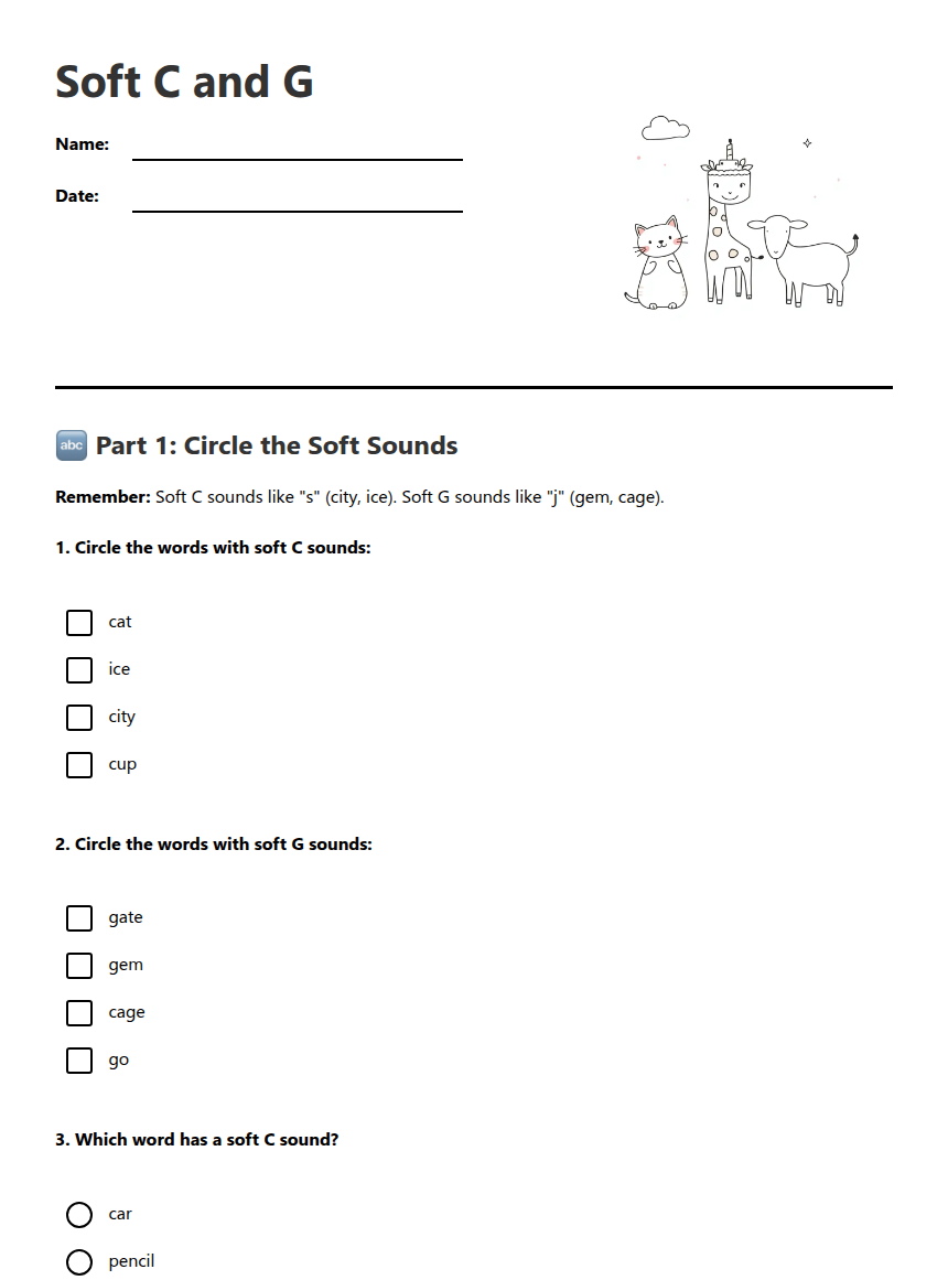 Soft C and G — Free Printable Worksheet for English (ELA) | Kuraplan
