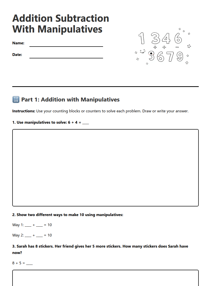 Addition Subtraction With Manipulatives — Free Printable Worksheet for ...