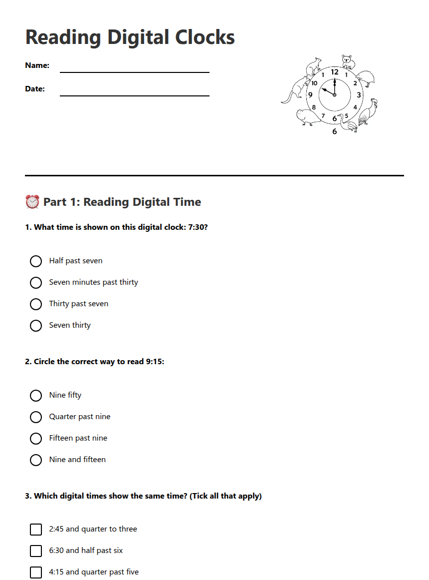 Reading Digital Clocks — Free Printable Worksheet for Maths | Kuraplan