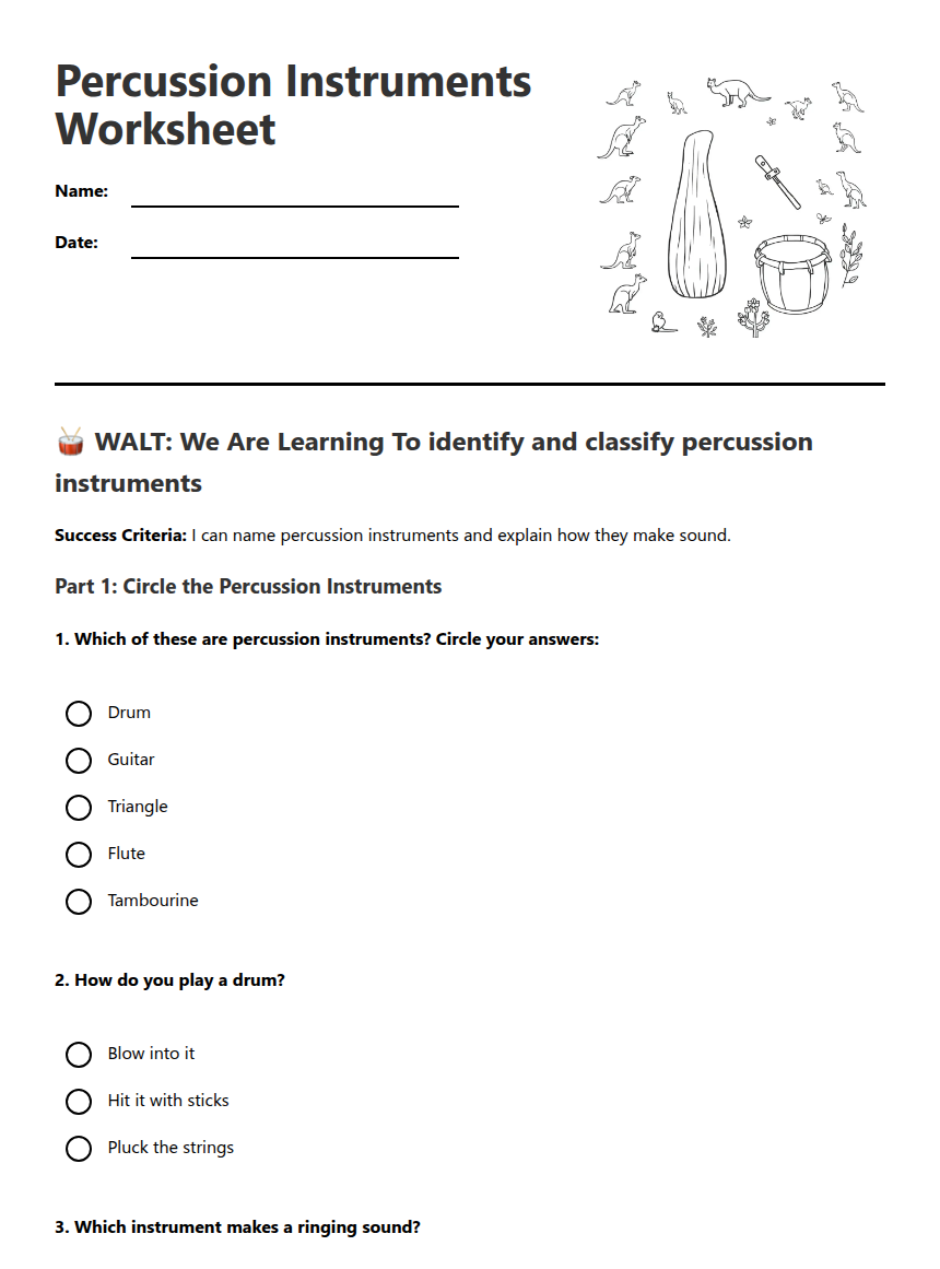Percussion Instruments Worksheet — Free Printable Worksheet for Music ...