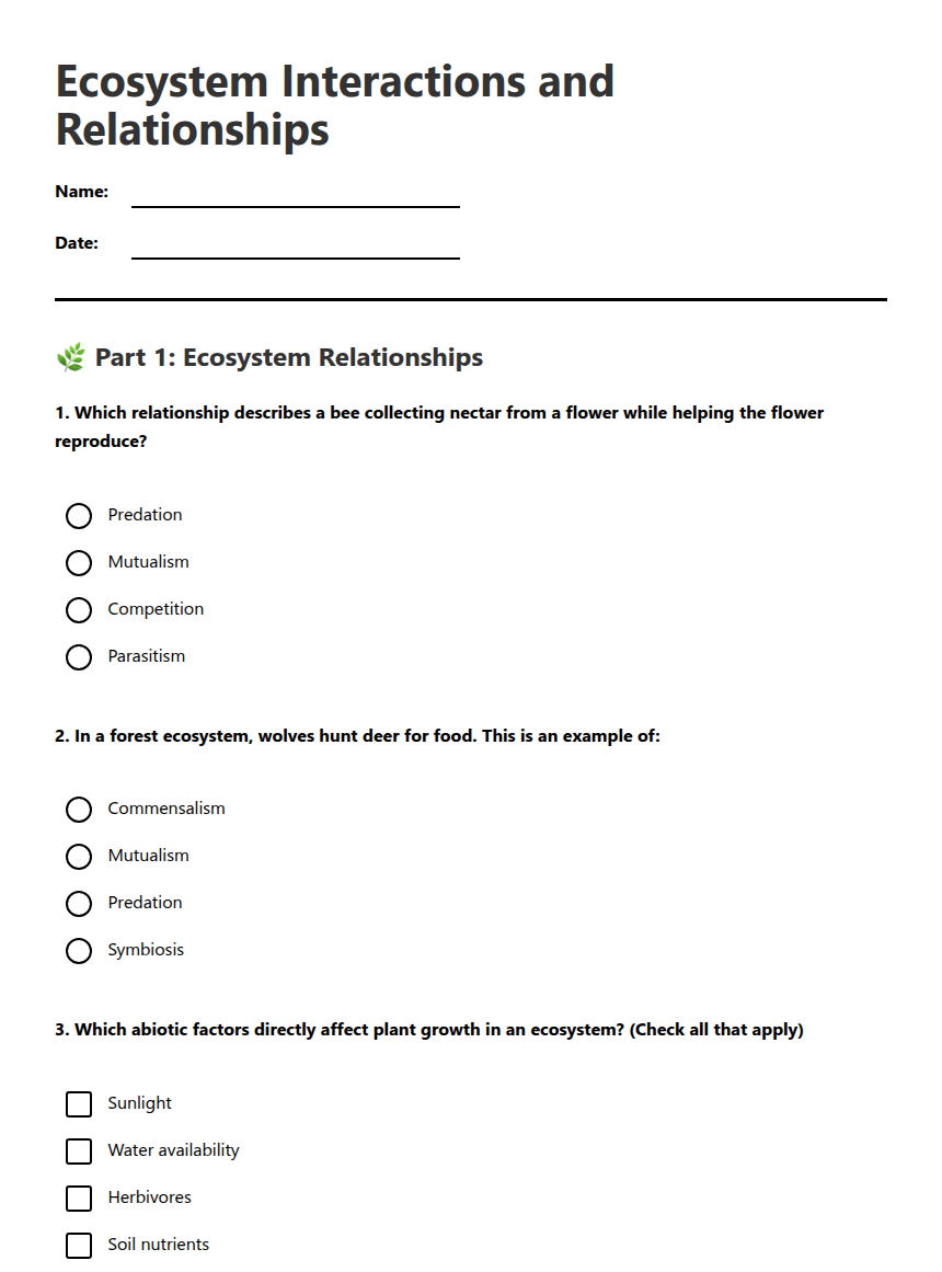 Ecosystem Interactions and Relationships — Free Printable Worksheet for ...