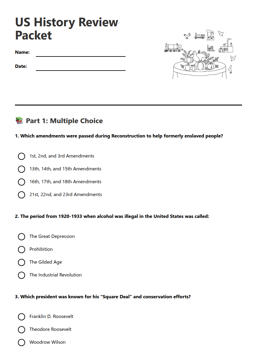 US History Review Packet — Free Printable Worksheet for US History ...