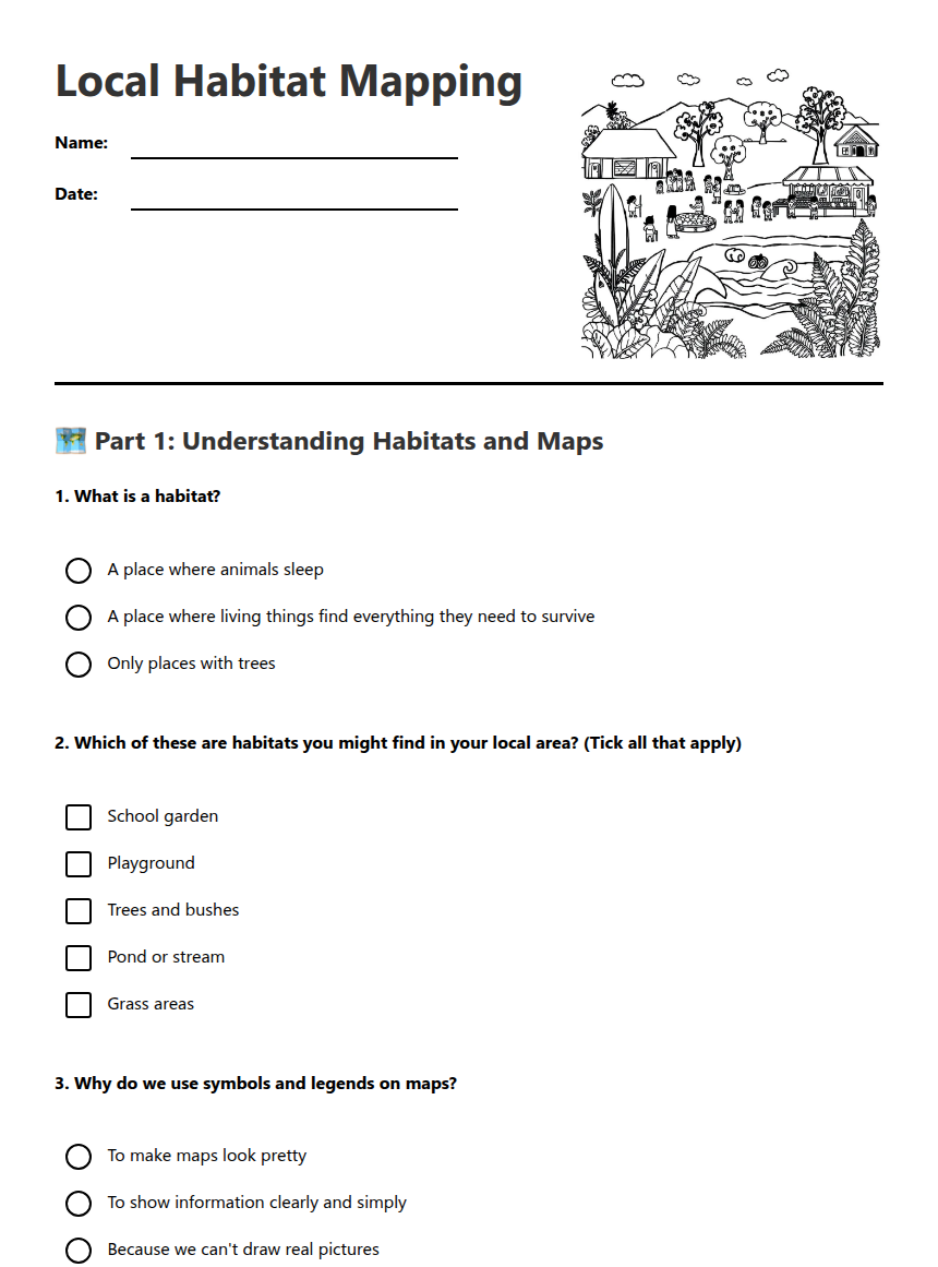 Local Animals Worksheet Local Habitat Mapping — Free Printable Worksheet for Science | Kuraplan