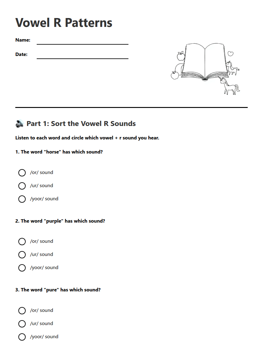 Vowel R Patterns — Free Printable Worksheet for Languages | Kuraplan
