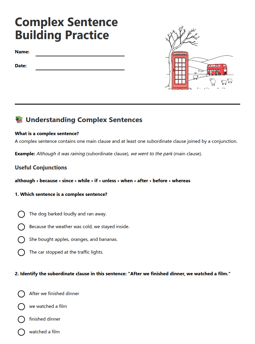 Complex Sentence Building Practice — Free Printable Worksheet for ...