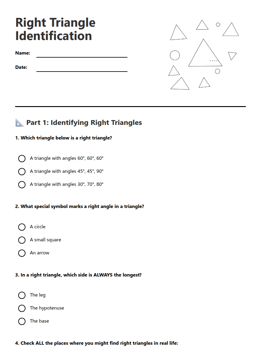 Right Triangle Identification — Free Printable Worksheet for ...