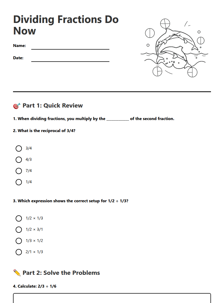 Dividing Fractions Do Now — Free Printable Worksheet for Mathematics ...