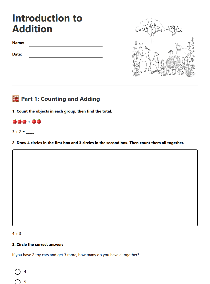 Introduction to Addition — Free Printable Worksheet for Maths | Kuraplan