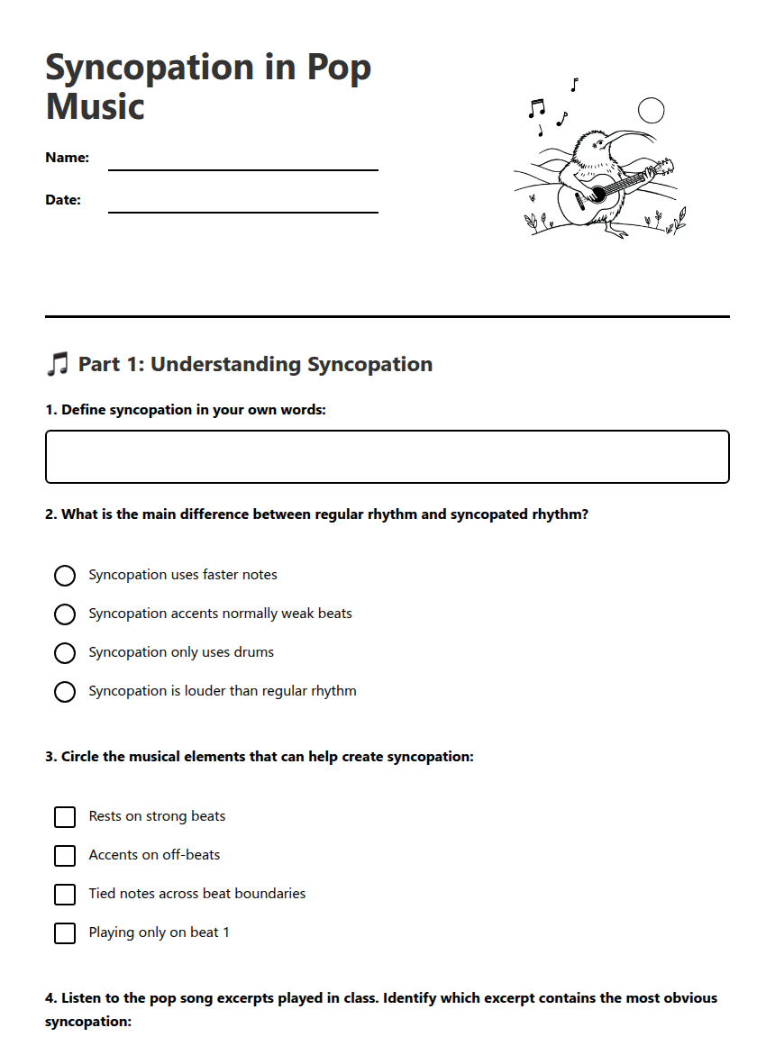 Syncopation in Pop Music — Free Printable Worksheet for Music | Kuraplan