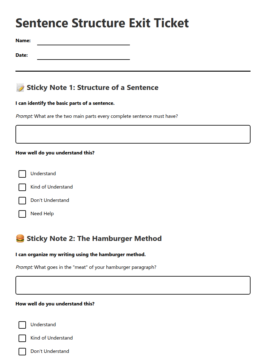 Sentence Structure Exit Ticket — Free Printable Worksheet for English ...