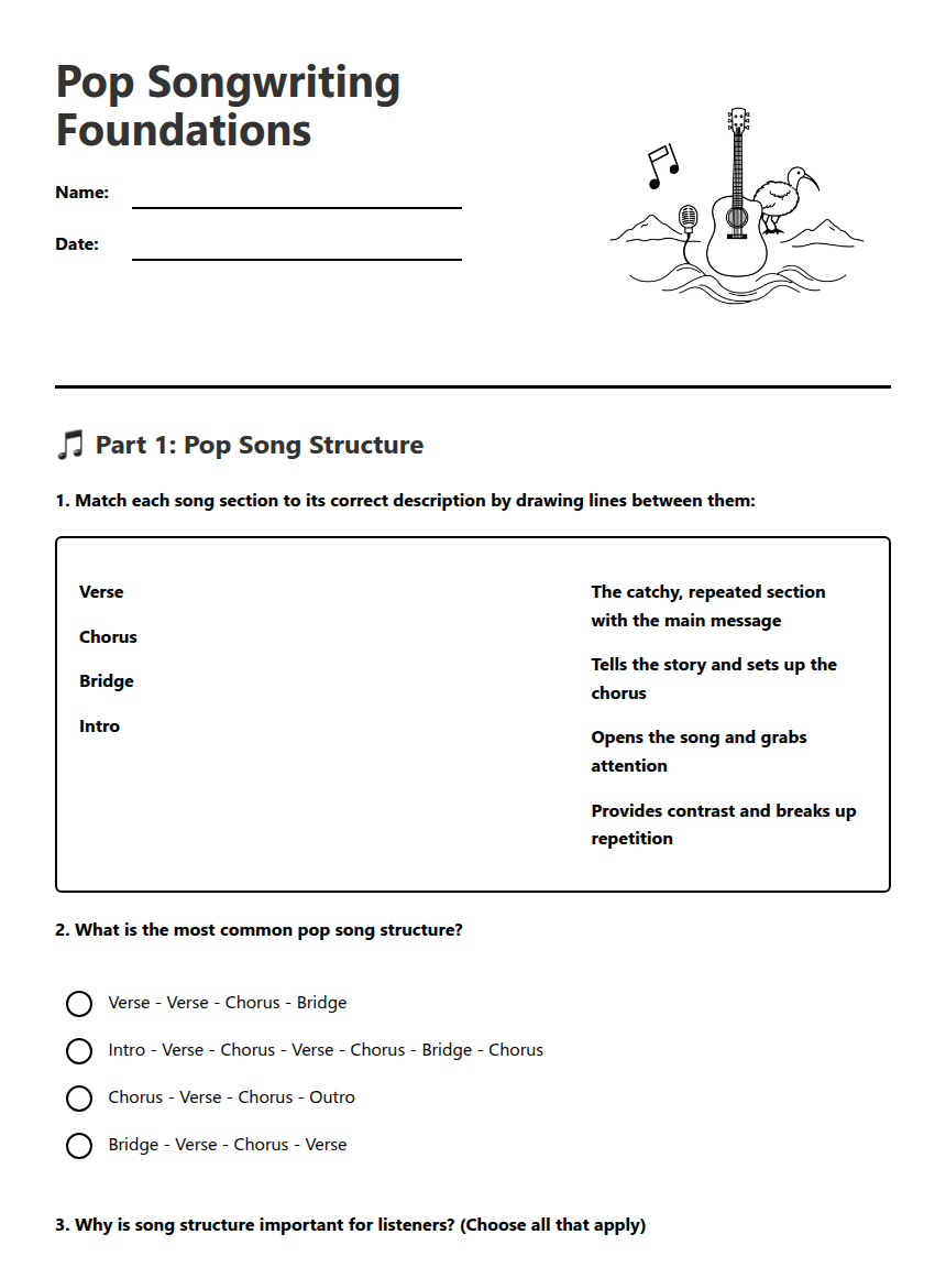 Songwriting Worksheet.pdf Pop Songwriting Foundations — Free Printable Worksheet for Music | Kuraplan