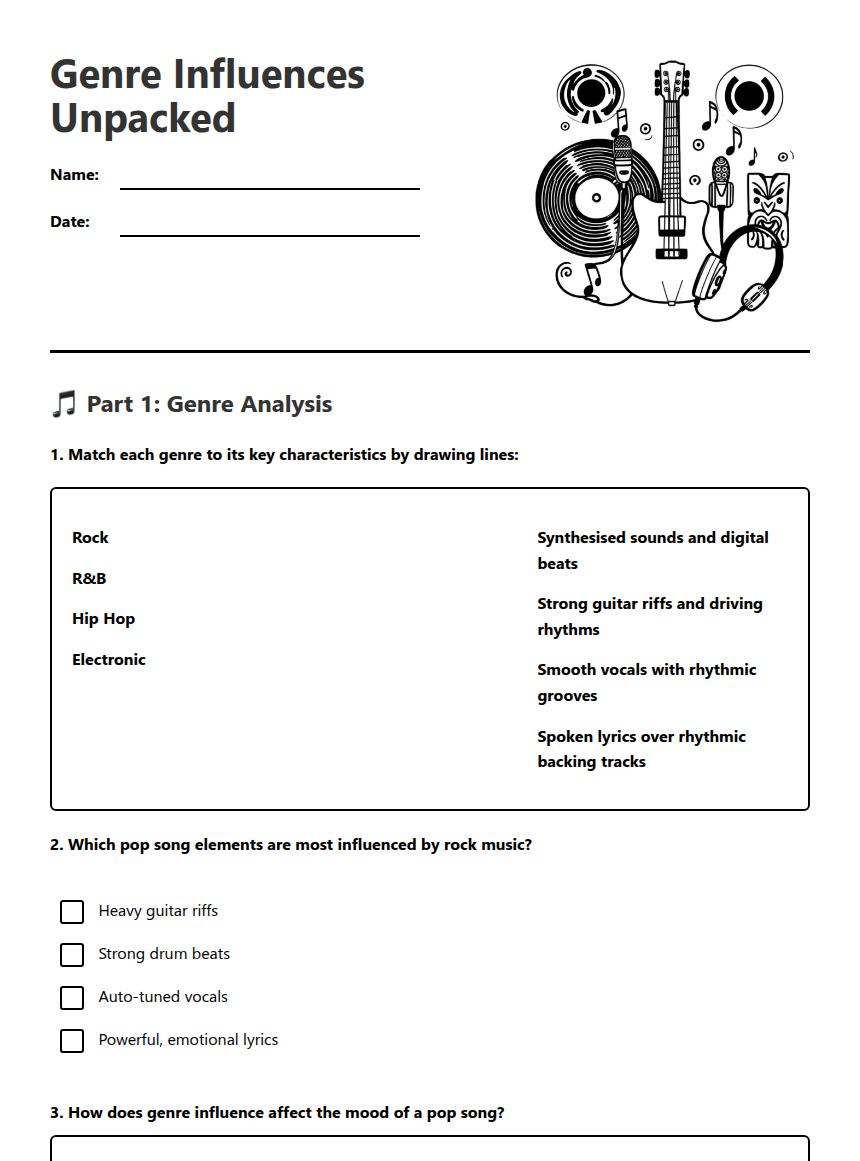 Genre Influences Unpacked — Free Printable Worksheet for Music | Kuraplan