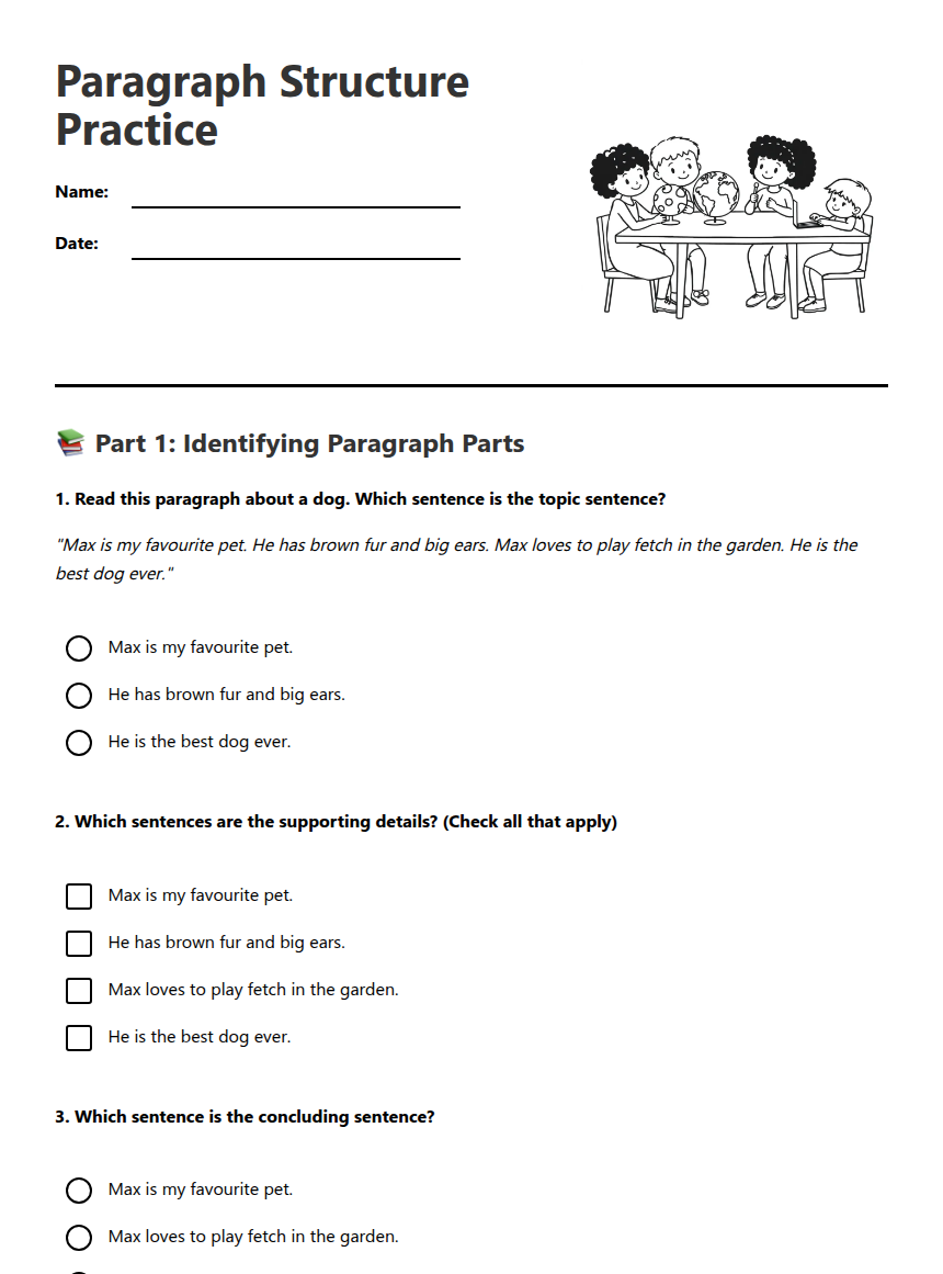 Paragraph Structure Practice — Free Printable Worksheet for English ...