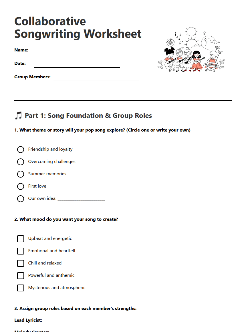 Songwriting Worksheet.pdf Collaborative Songwriting Worksheet — Free Printable Worksheet for ...