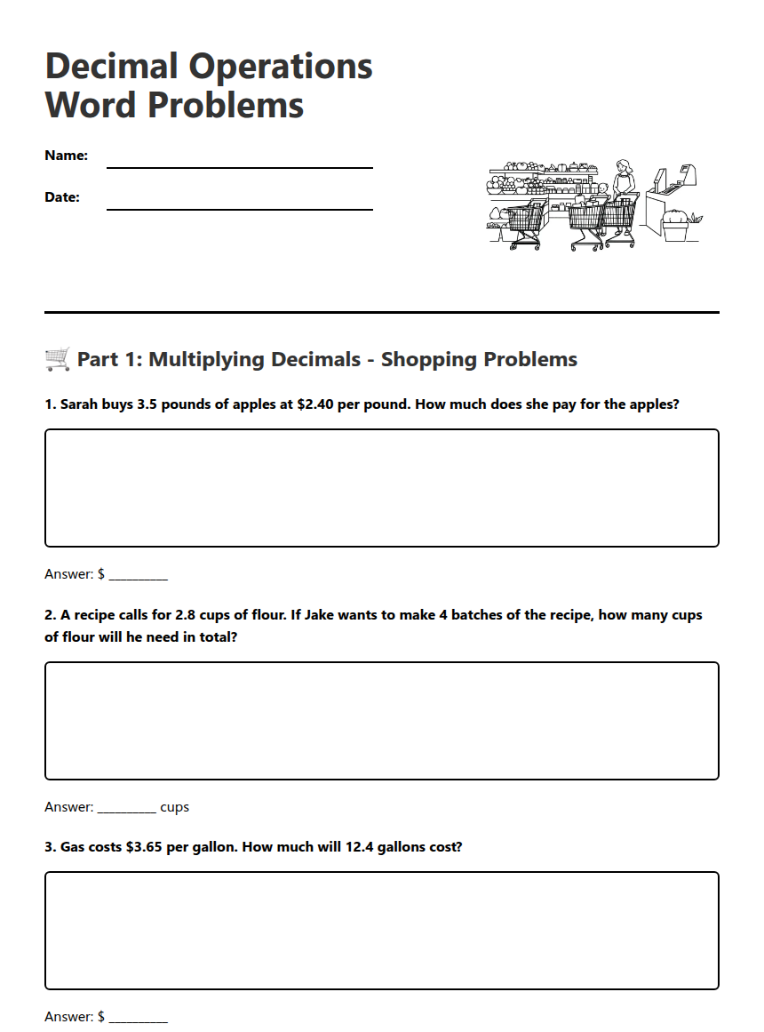 Decimal Operations Word Problems — Free Printable Worksheet for ...