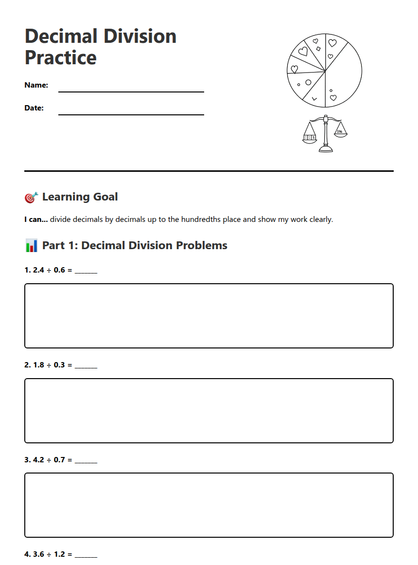 Decimal Division Practice — Free Printable Worksheet for Mathematics ...