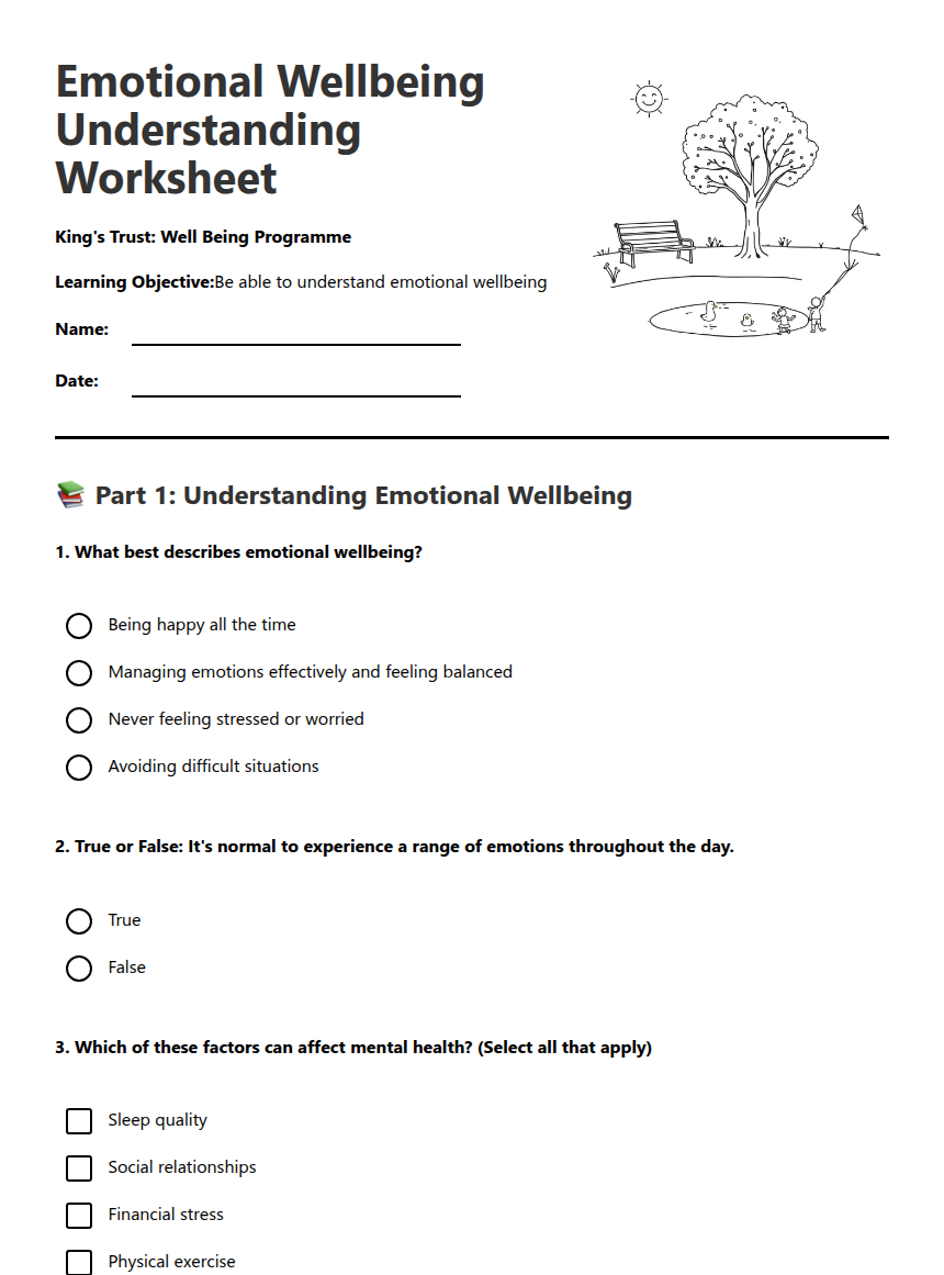 Emotional Wellbeing Understanding Worksheet — Free Printable Worksheet ...