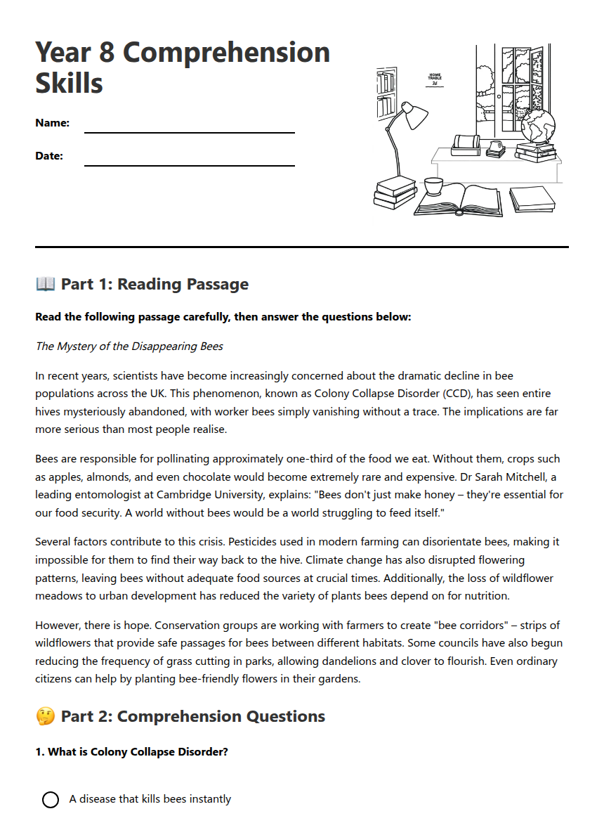 Year 8 Comprehension Skills — Free Printable Worksheet for English ...