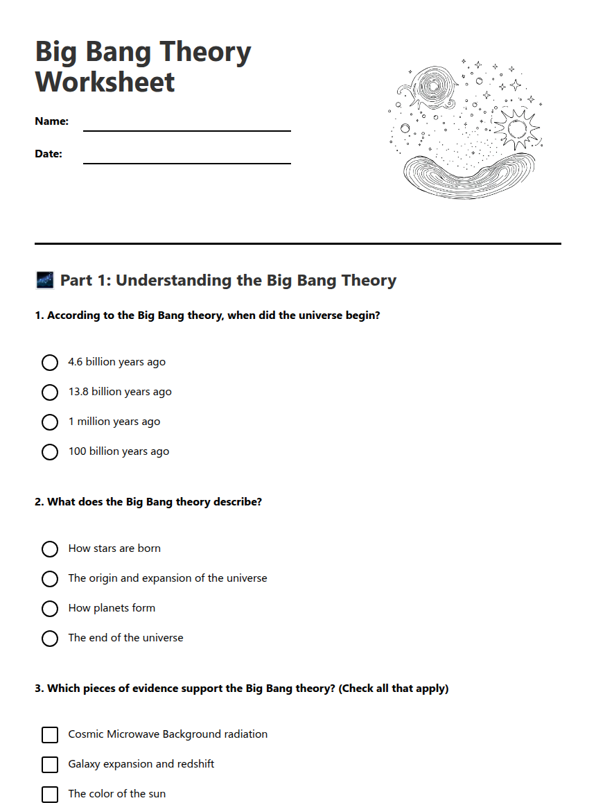 Big Bang Theory Worksheet — Free Printable Worksheet for Science | Kuraplan