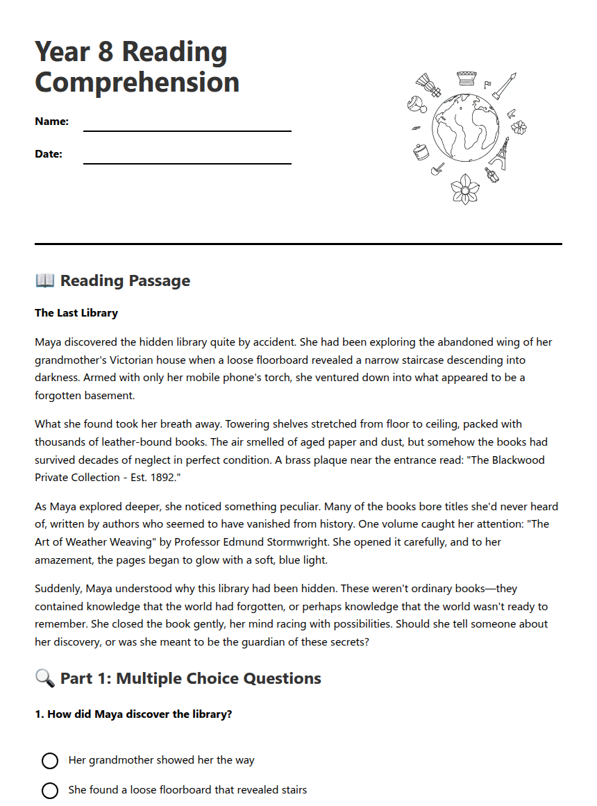 Year 8 Reading Comprehension — Free Printable Worksheet for English ...