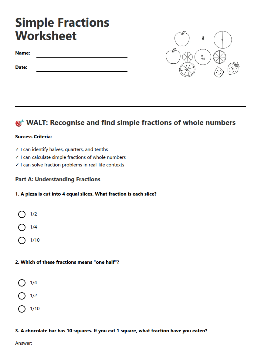 Simple Fractions Worksheet — Free Printable Worksheet for Maths | Kuraplan