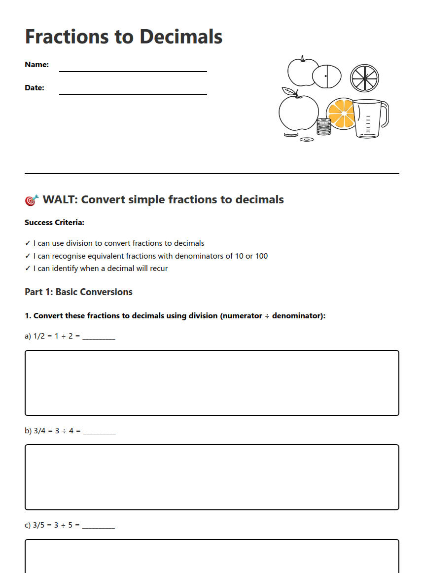 Fractions to Decimals — Free Printable Worksheet for Maths | Kuraplan
