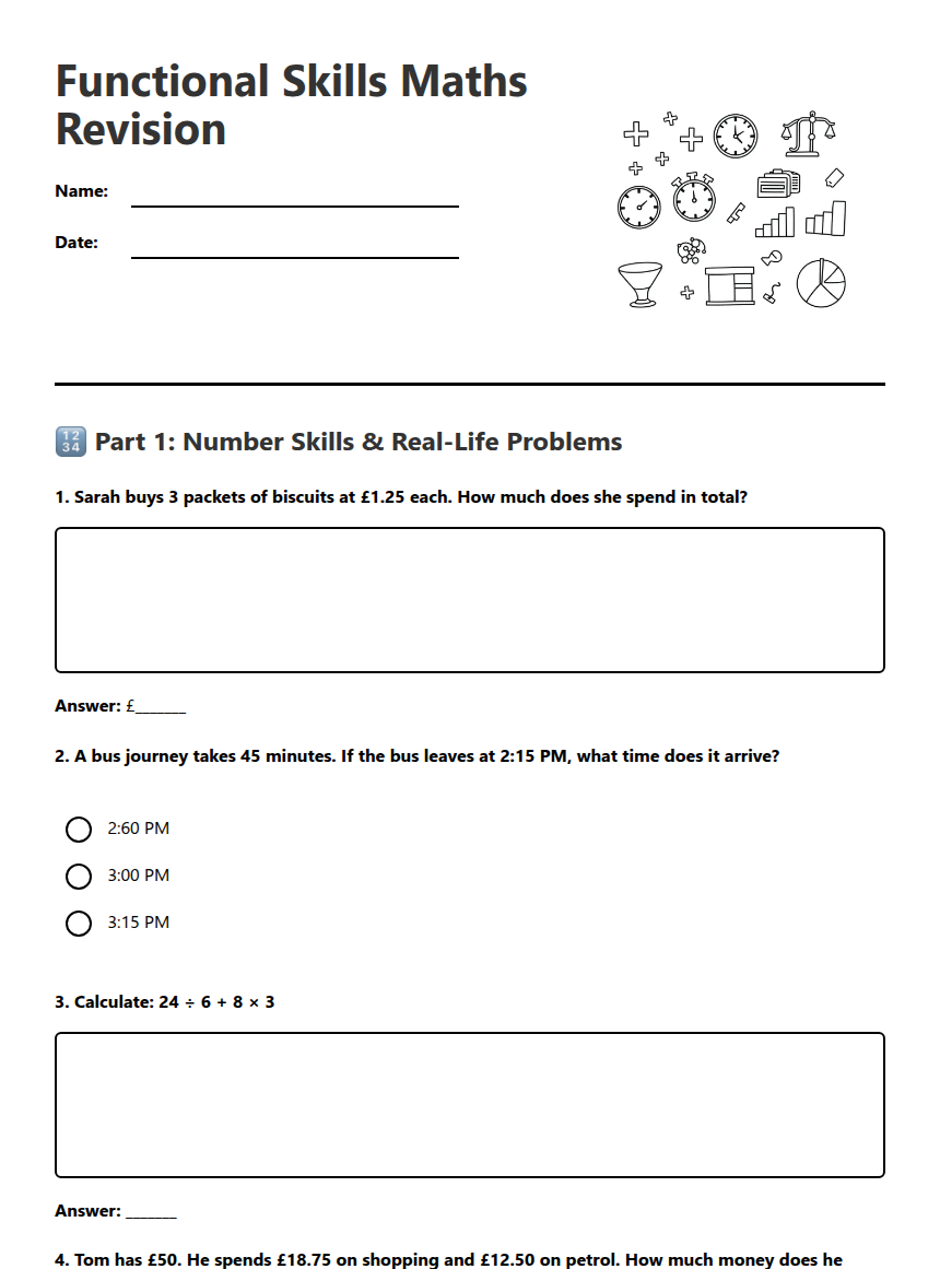 Functional Skills Maths Revision — Free Printable Worksheet for Maths ...