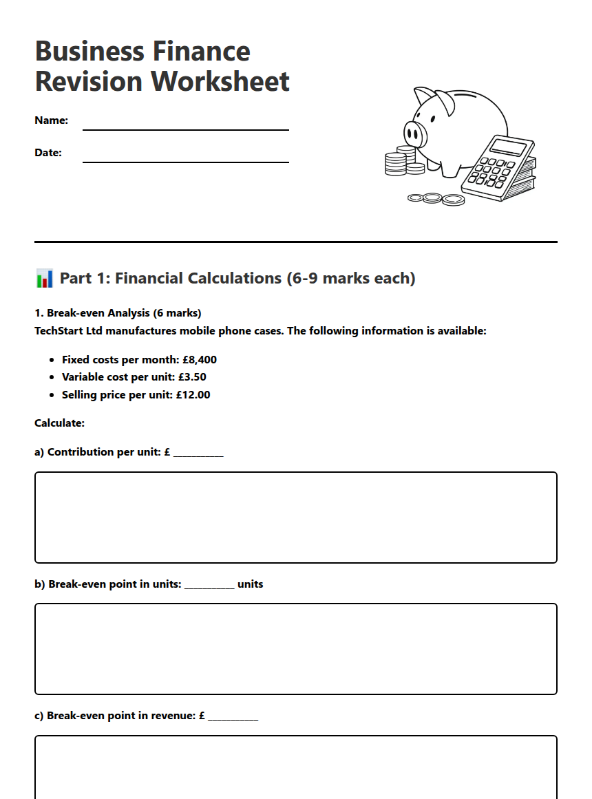 Business Finance Revision Worksheet — Free Printable Worksheet for ...