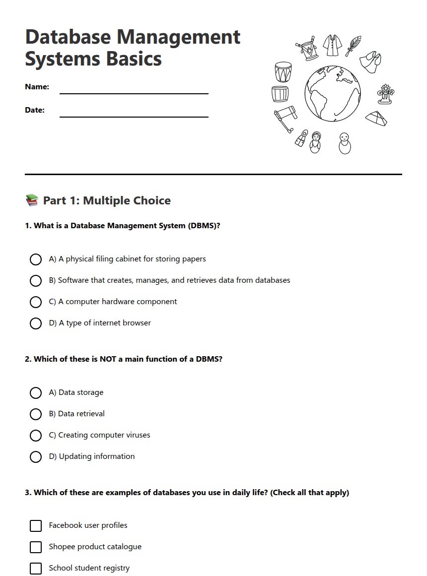 Database Management Systems Basics — Free Printable Worksheet for ...