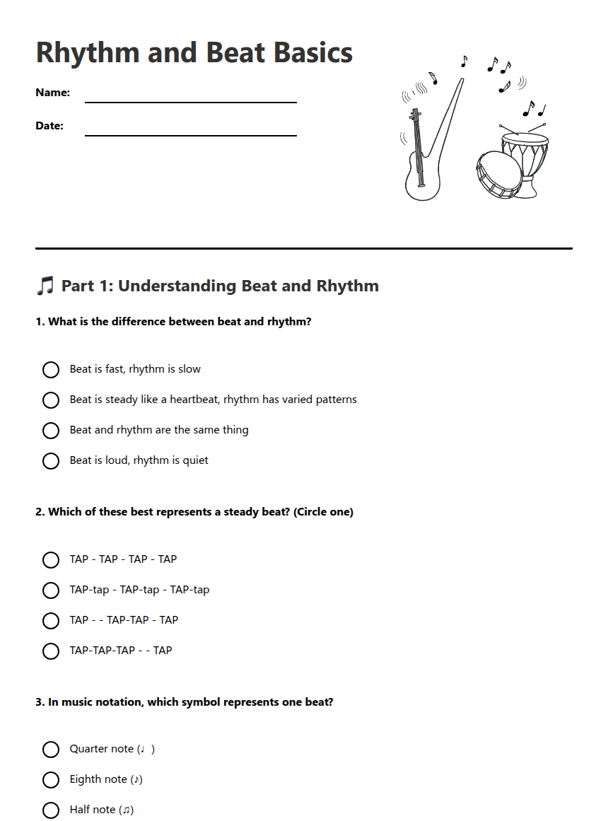 Rhythm and Beat Basics — Free Printable Worksheet for Music | Kuraplan