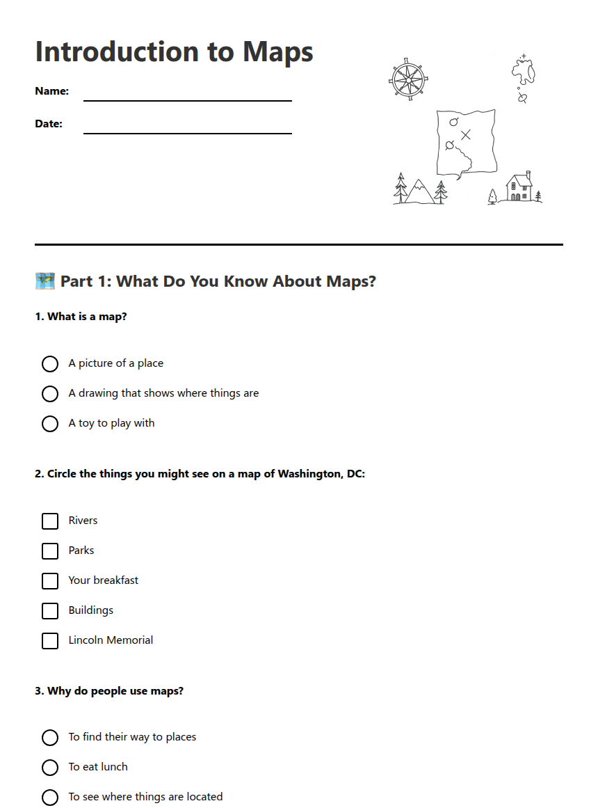 Student Printable Map Introduction to Maps — Free Printable Worksheet for Social Studies ...