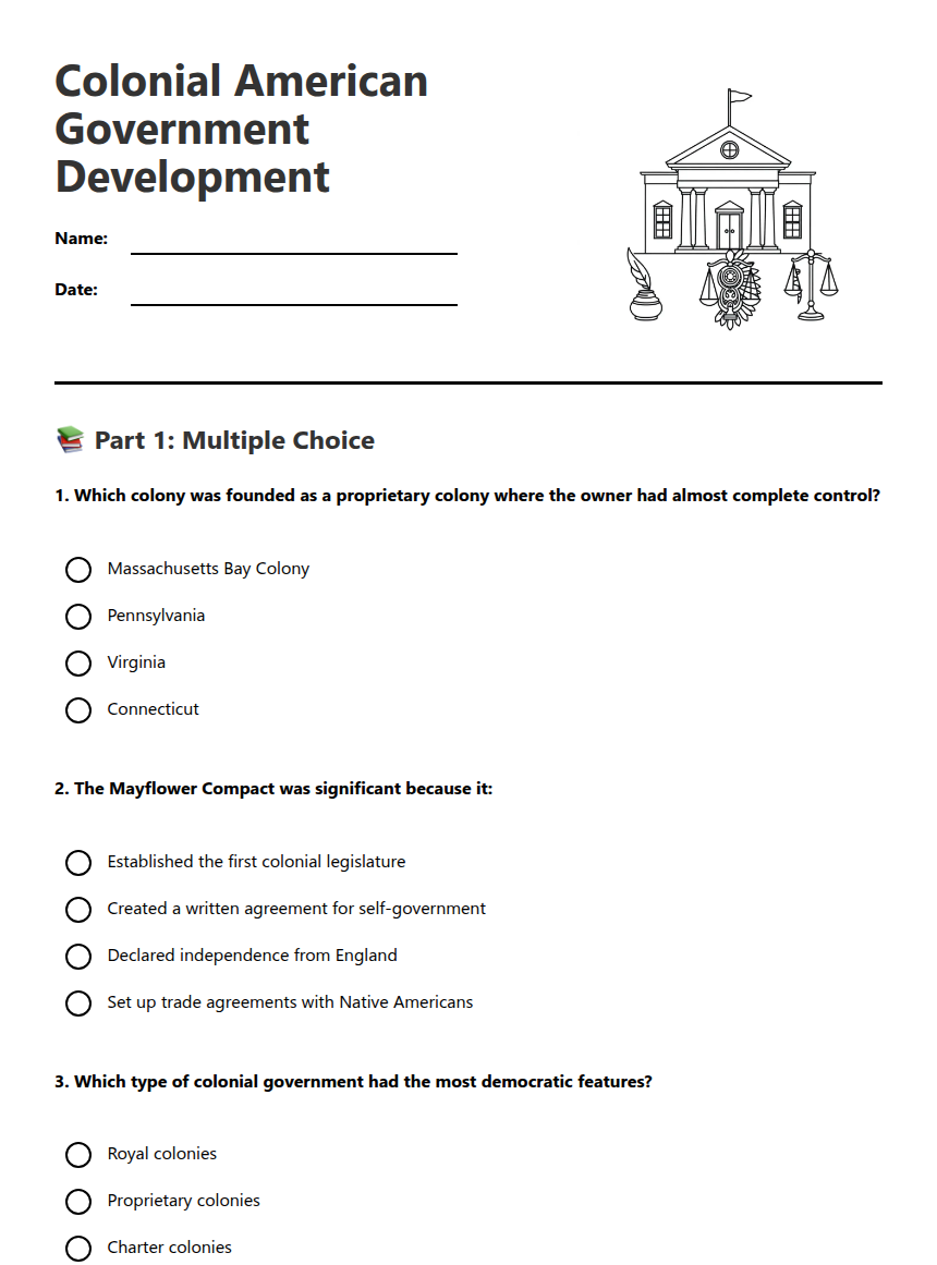 Colonial American Government Development — Free Printable Worksheet for ...