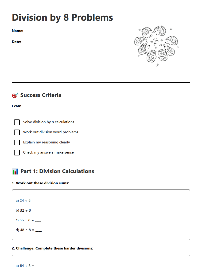 Division by 8 Problems — Free Printable Worksheet for Maths | Kuraplan