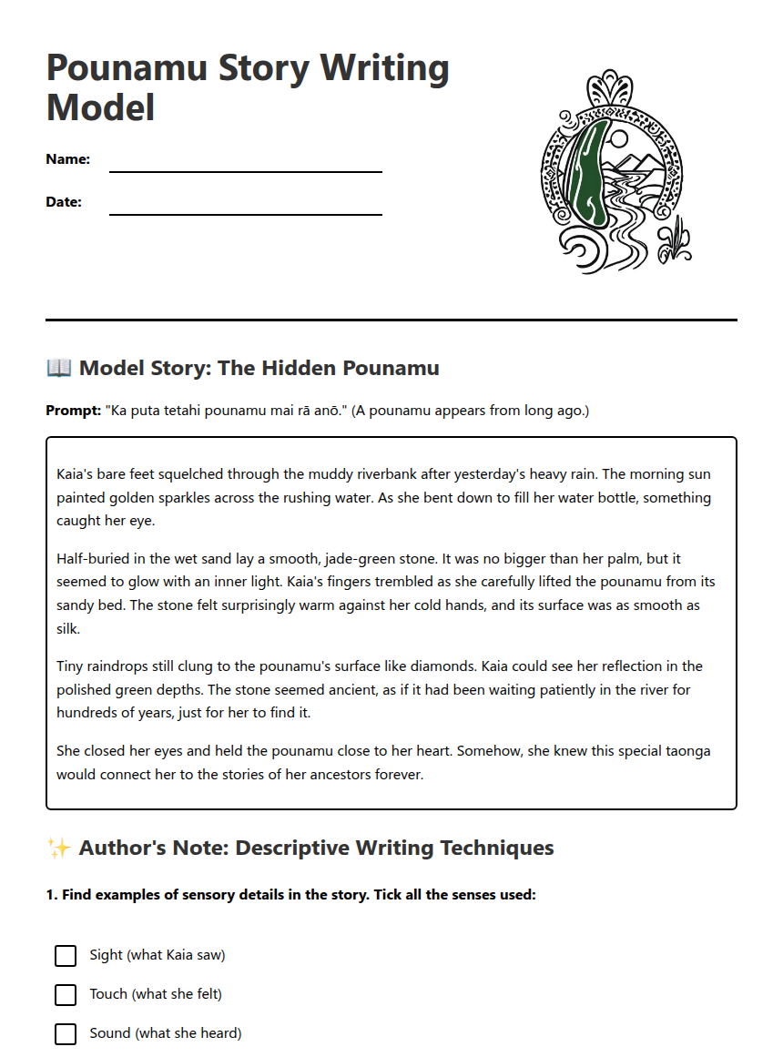 Pounamu Story Writing Model — Free Printable Worksheet for English ...