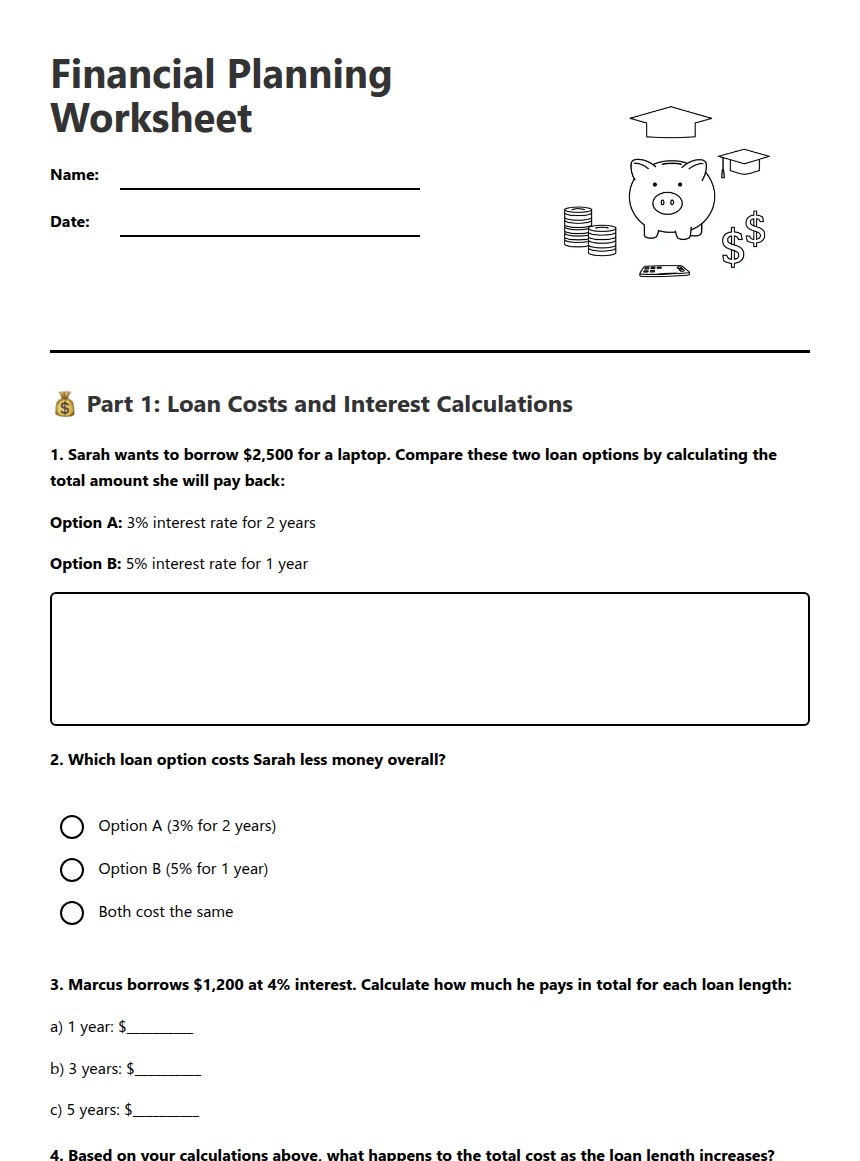 Financial Planning Worksheet — Free Printable Worksheet for Mathematics ...