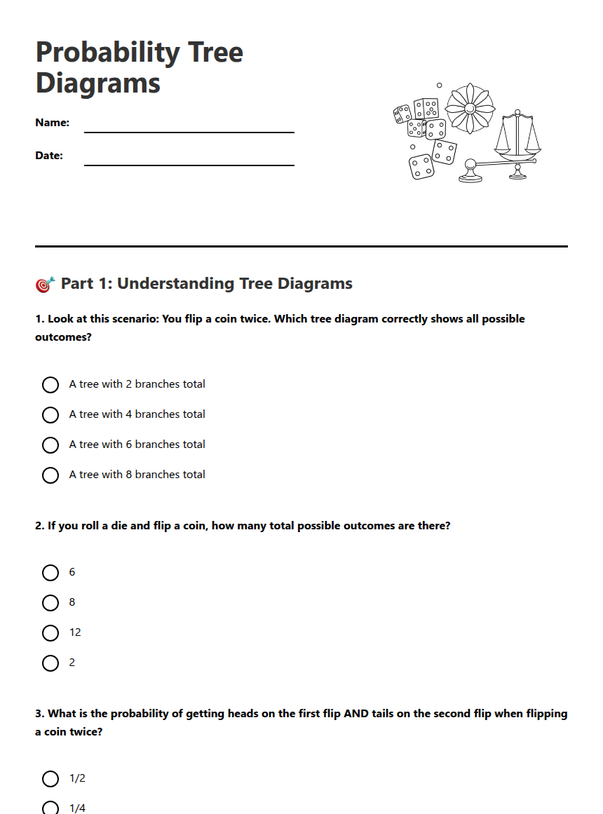 Probability Tree Diagrams — Free Printable Worksheet for Mathematics ...