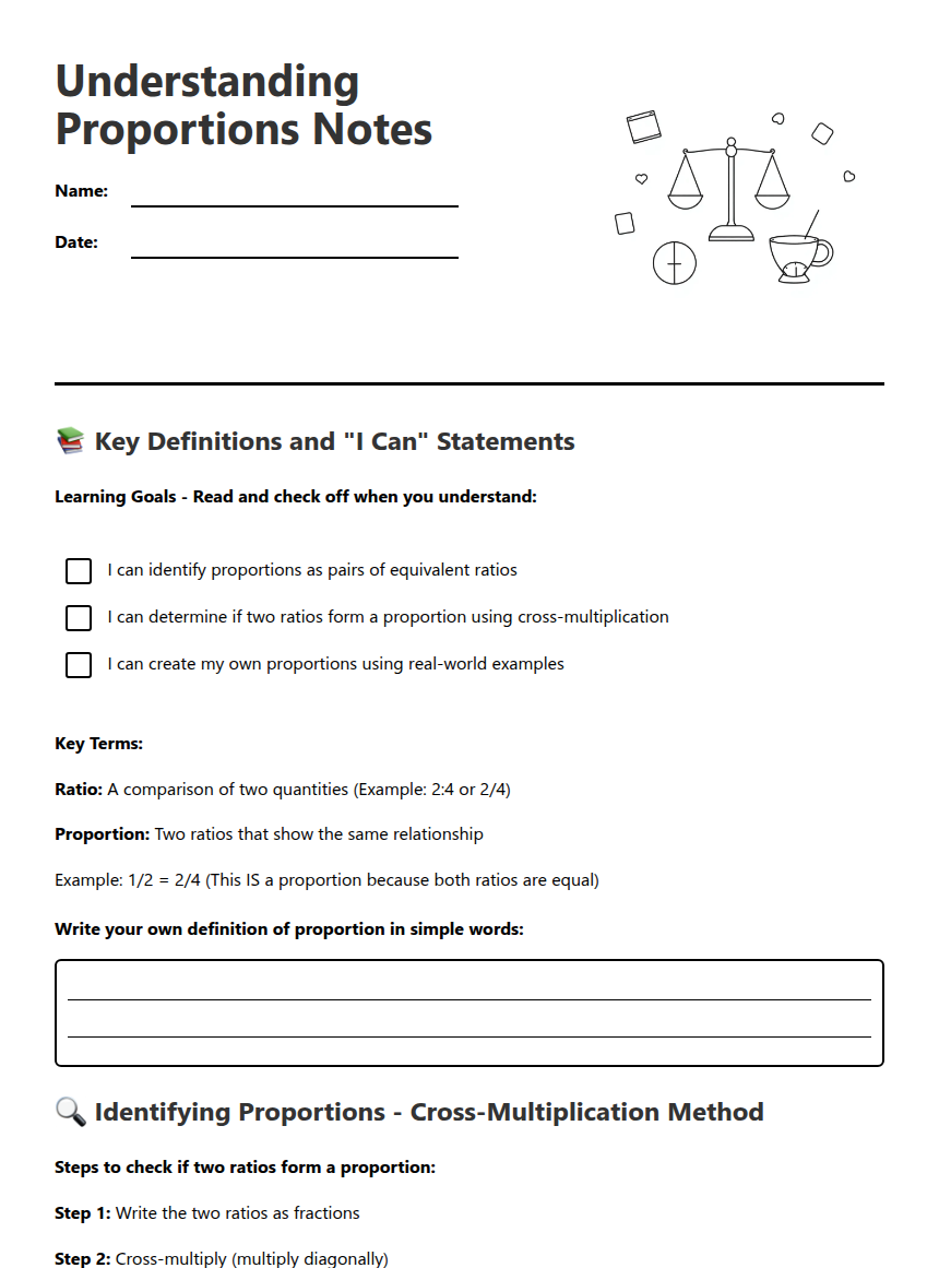 Understanding Proportions Notes — Free Printable Worksheet for ...