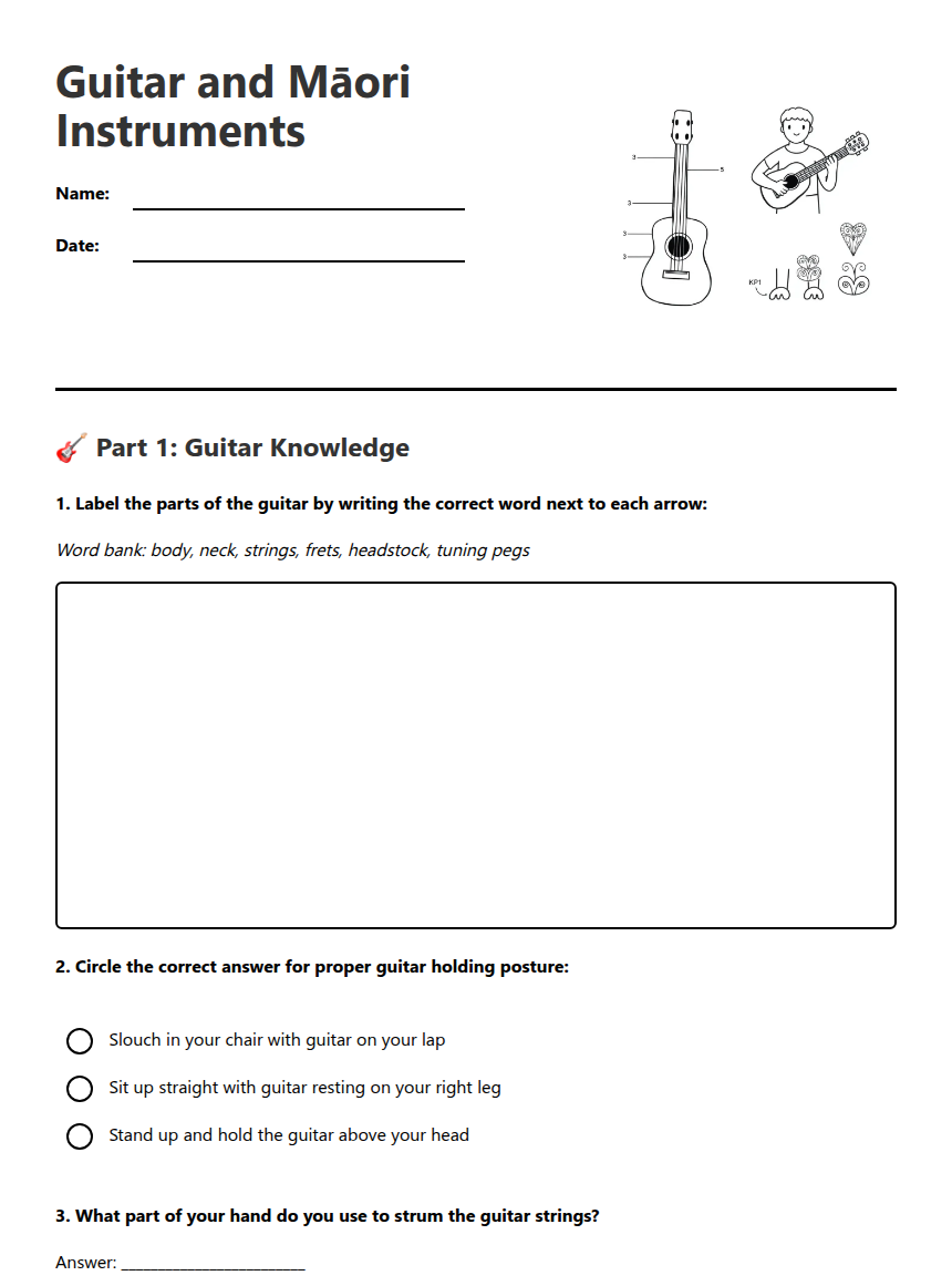 Guitar and Māori Instruments — Free Printable Worksheet for Music ...