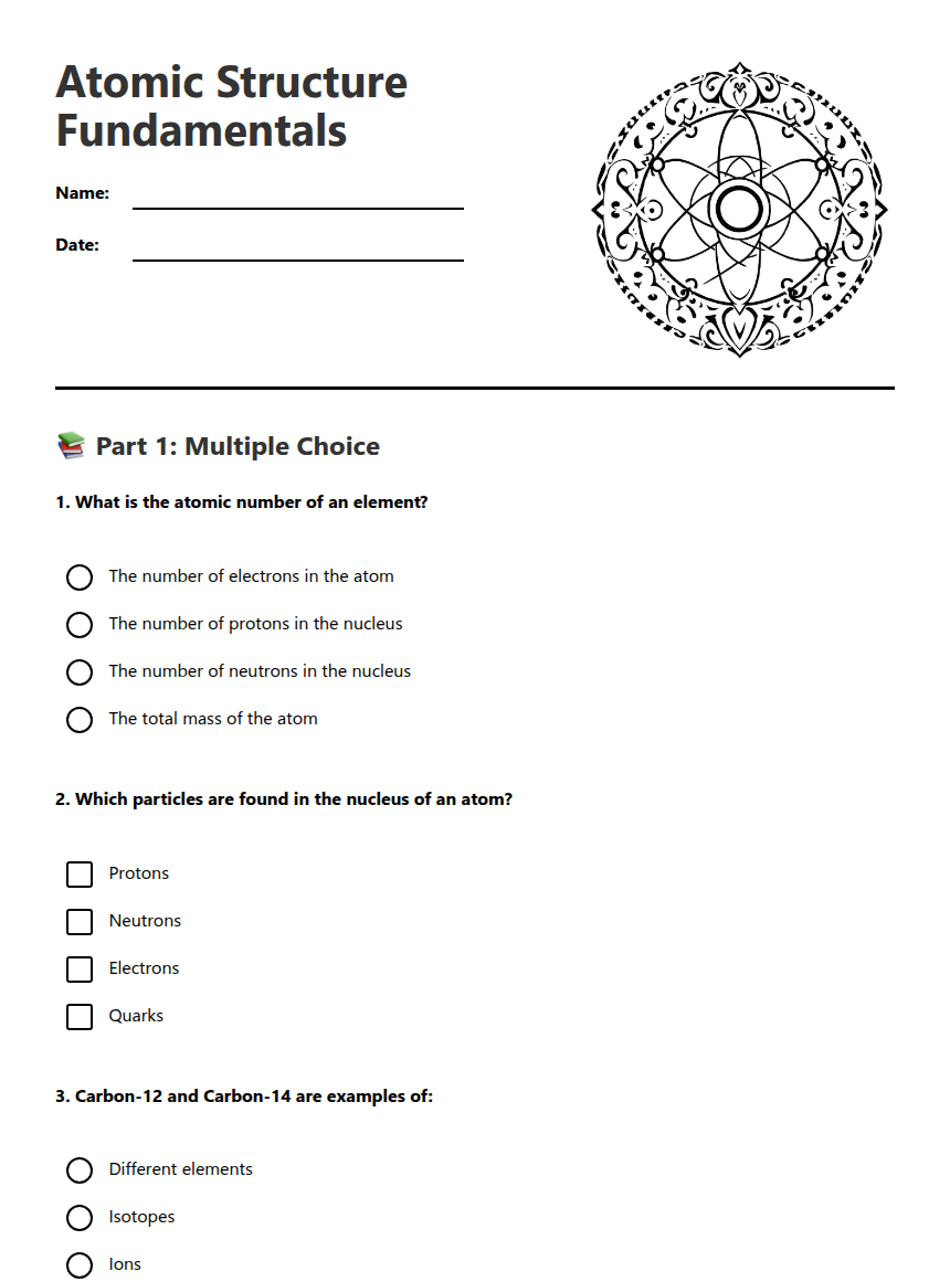 Atomic Structure Fundamentals — Free Printable Worksheet for Science ...